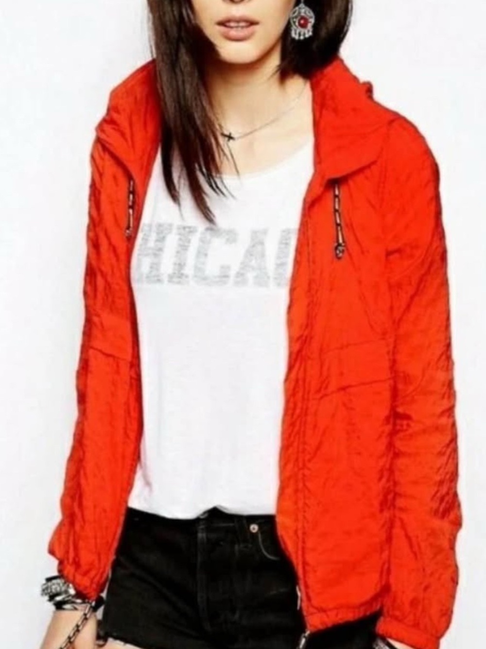 Free People Bright Red Hooded Bomber Jacket